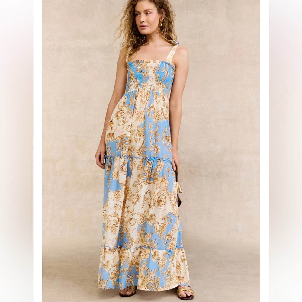 Agua Bendita Lucery Blush Maxi Dress Sz M Abstract Cotton Smocked Strap NWT